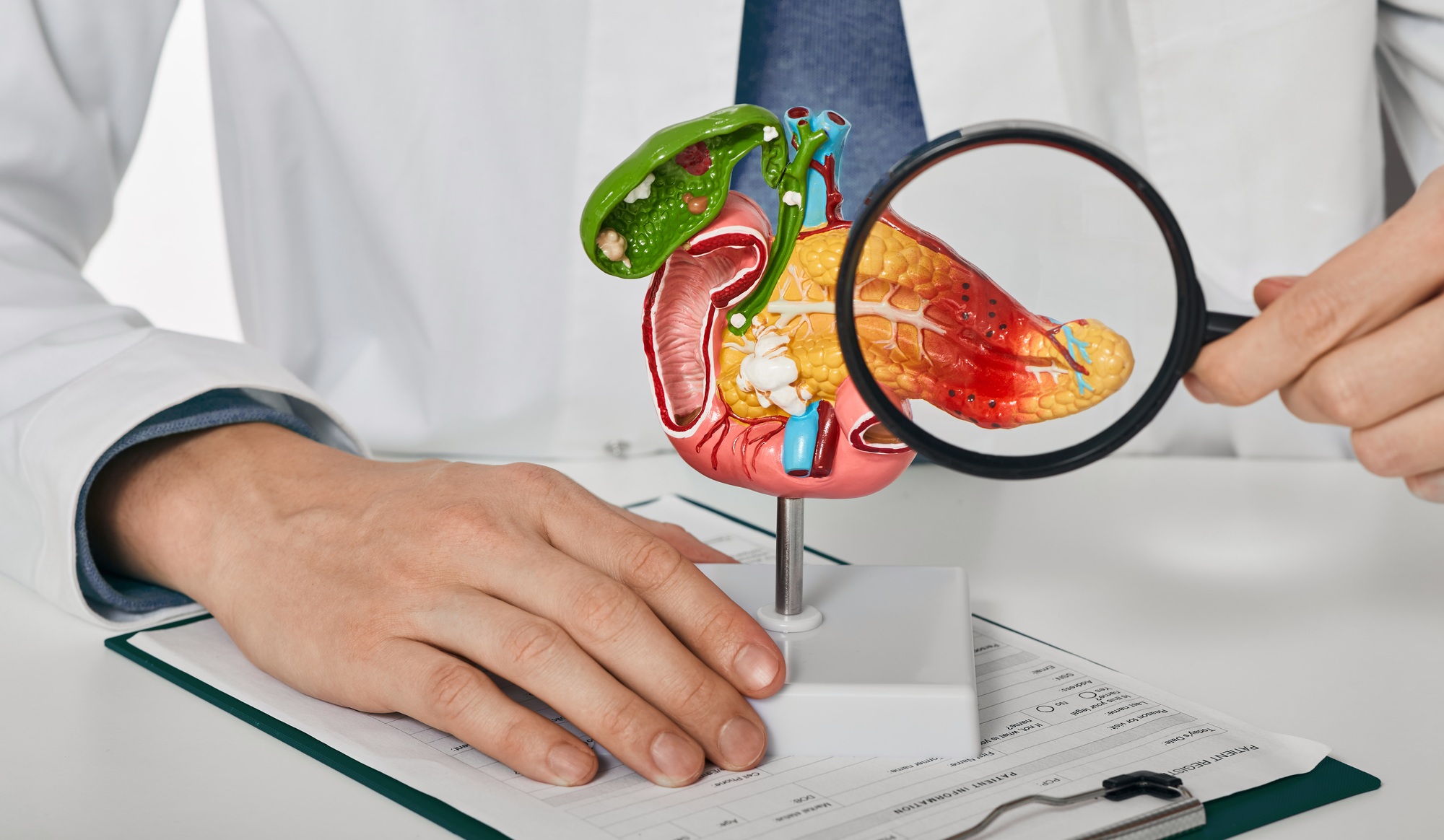 Diagnosis and treatment of pancreatic disease. Doctor consulting patient with acute pancreatitis